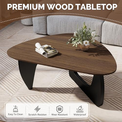 Modern Wood Coffee Table, Triangle Center Table with Premium Wooden Top& Unique Base, 35.5” Small Mid Century Tea Tables for Living Room, Apartment, Office,Walnut & Black - color: Walnut & Black, size: Medium 35.5*25.5*15.7in