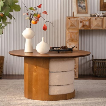 31.5" Round Coffee Table with 3 Teddy Fabric Nesting Stools, Rustic Farmhouse Multifunctional Center Table Set with Hidden Storage, Tea Table for Living Room, Easy Assembly - Walnut - color: 31.5" Coffee Table With 3 Nesting Stools
