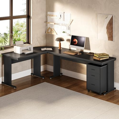 LITTLE TREE 82.67" Long Executive Desk Large L-Shaped Computer Office Desk with 3-Drawer Mobile File Cabinet, Industrial Business Furniture Desk Workstation for Home Office, Black - color: Black