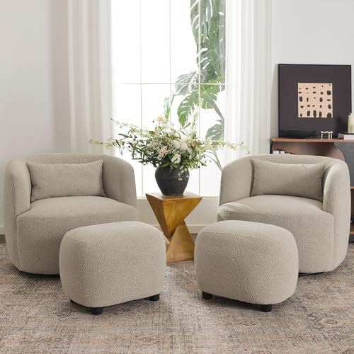 KINWELL Round Boucle Upholstered Ottoman Chair Padded Seat Footstool, Taupe | Easy Assembled Modern Soft Sofa Couch Loveseat Chair Footrest, Extra Seating for Bedroom Entryway, 18.5" D x 23" W x 16.5" H - color: Taupe