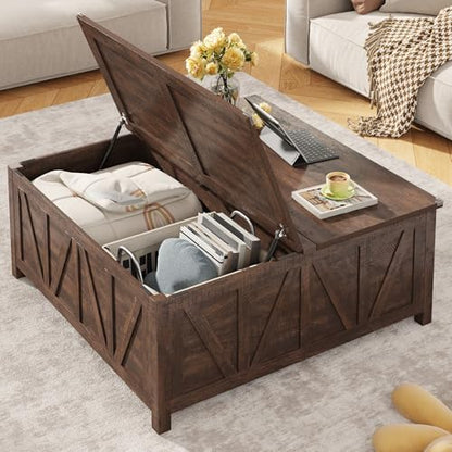 chartustriable 43.3“ Lift Top Coffee Table with Storage, Farmhouse Coffee Table with Large Hidden Storage Compartment and Shelves，Square Center Tables for Living Room, Tea Table Dark Brown - color: Brown
