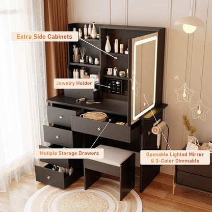 Vanity Desk with Mirror and LED Lights, Makeup Vanity Set with Power Outlet, and Stool,Jewelry Storage,Black Vanity Desk for Bedroom - style: Black