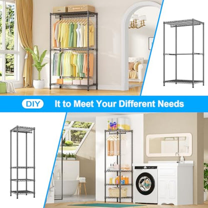 E10 Clothes Rack（With Stretchable Hanger Rod）Freestanding Clothing Racks for Hanging Clothes，Adjustable Closet Organizer System，Portable Garment Rack 73-97" W x 15" D x 72" H，Max Load 800LBS，Grey - color: Grey