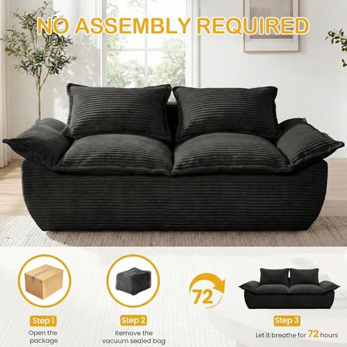 69" Boneless Couch, 3-Seater Oversized Boneless Loveseat Sofa with Removable Cushions & 3 Pillows, Deep Seat Compress Foam Sofa for Living Room, Apartments, & Office - color: Black, size: 3 Seater (69")