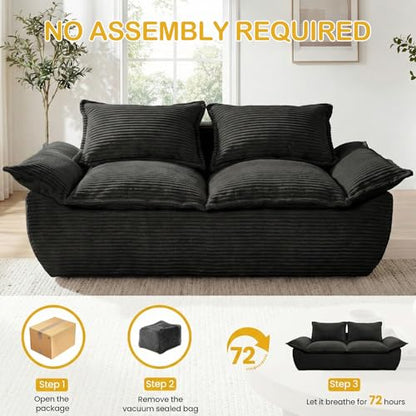 69" Boneless Couch, 3-Seater Oversized Boneless Loveseat Sofa with Removable Cushions & 3 Pillows, Deep Seat Compress Foam Sofa for Living Room, Apartments, & Office - color: Black, size: 3 Seater (69")