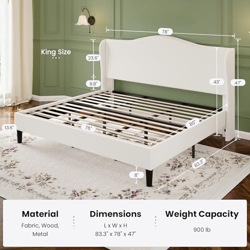HA CERLIN King Size Bed Frame with Curved Wingback Headboard,Soft White | Modern Luxury Design Velvet Platform Bed with Sturdy Wooden Slats,Noise-Free, No Box Spring Needed, Easy Assembly - color: Soft White, size: King
