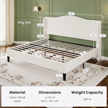 HA CERLIN King Size Bed Frame with Curved Wingback Headboard,Soft White | Modern Luxury Design Velvet Platform Bed with Sturdy Wooden Slats,Noise-Free, No Box Spring Needed, Easy Assembly - color: Soft White, size: King