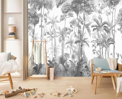 YIHWM-Peel and Stick Tropical Rainforest Wallpaper Grey Jungle Plants Mural | Tear-resistant,with a substantial feel;Will not be damaged during repositioning.Bathroom,Bedroom wallpaper.L-137"x96" - color: Yh14, size: 137"x96"