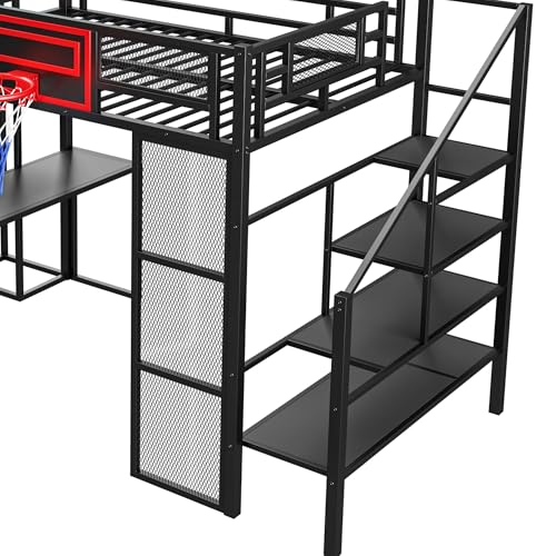 LUMISOL Full Size Loft Bed with Desk and Stairs, Heavy Duty Metal Loft Bed Frame with Storage Shelves and Basketball Hoop, Noise Free, No Box Spring Needed, Black - color: Black, size: Full with Slide