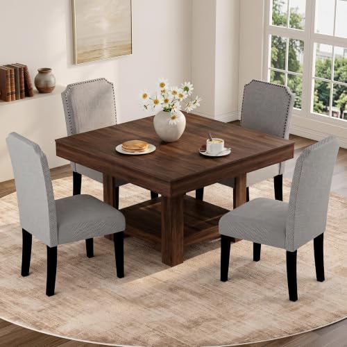 GarveeHome Square Dining Room Table for 4-6 People, Heavy Duty 350Lbs Kitchen Table with 2-Tier Storage, Waterproof Wooden Dinner Table with Sturdy Triangle Legs, Brown. - color: Brown
