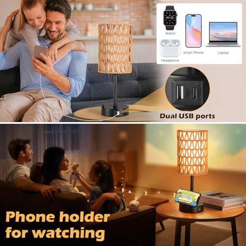 Rattan Table Lamps for Living Room, 3 Way Dimmable Touch Lamps, Small Bedside Lamps with LED Bulbs, Phone Stand, USB Ports and AC Outlet, Boho Nightstand Lamp for Kids Room, Bedroom, Office (1 Pack) - size: 1 Pack Rattan