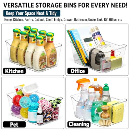 12 PACK Multiuse Clear Plastic Storage Bins for Organizing w/ Labels - Home, Kitchen, Bathroom, Office, Pantry Cabinet Shelf Organizer Bins - SOHO Collection, RV, Fridge Organization Containers - size: Medium