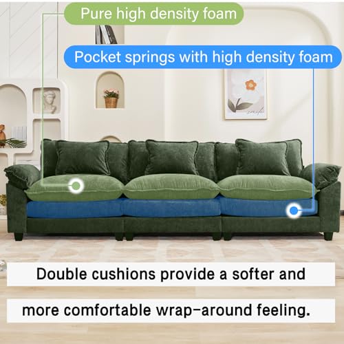 120" Modular Sectional Sofa, Comfy 3 Seater Deep Cloud Couch | Couches for Living Room, Modular Couch, Deep and Wide Seat, Chenille Sofa Sleeper with Throw Pillows, Green - color: Green, size: 120 Inch
