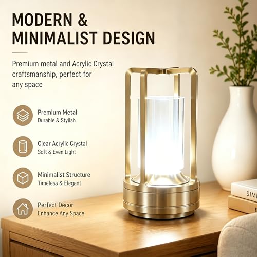 Rechargeable Crystal Table Lamp, 3-Color Touch LED, Gold | Gold metal crystal lantern, 3-color touch dimming, USB-C rechargeable, compact 7.1 in accent light for patio table - style: golden-1