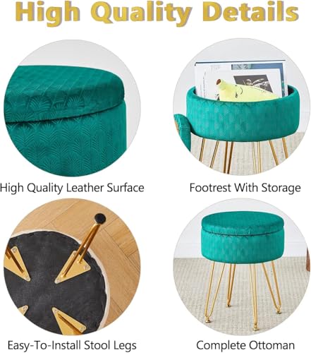 Cpintltr Velvet Storage Ottoman Round Footrest Stool Multifunctional Upholstered Ottoman Modern Accent Vanity Stools Tray Top Coffee Table Suitable for Living Room Bedroom Entryway Emerald - color: Emerald