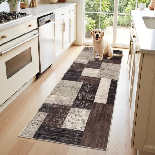 Washable Runner Rug, 2x6 Rugs Runners for Hallways Non Slip, Low Profile Vintage Area Floor Carpet Runner for Kitchen Laundry Bedroom Entryway - color: Brown, size: 2' x 6' (Rectangular)
