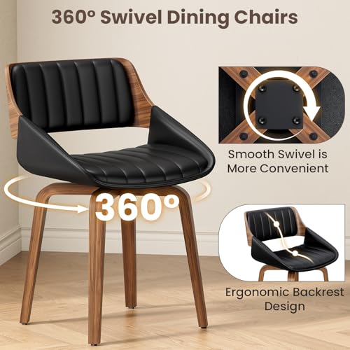 REONEY 360° Swivel Dining Chairs Set of 2, Mid-Century Modern Kitchen Chair | with Walnut Bentwood Back and Legs, Upholstered PU Leather for Dining Room, Kitchen, Restaurant, Cafe, Black - color: Black Vertical Stripes