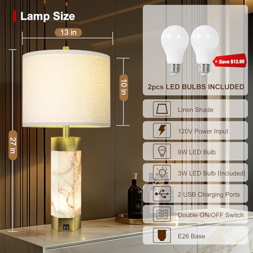 Scenekoy 27" Alabaster Table Lamps Set of 2,Table Lamp with Night Light | Nightstand Lamp with USB A+C Ports, Bedside Lamp with Linen Shade for Bedroom, Living Room, Office, Bar, Bulb Included - color: Pure White