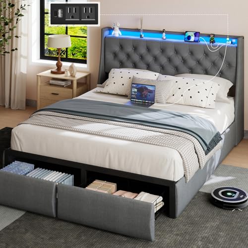 SADENICEL Queen Bed Frame with 2 Storage Drawer, Queen Size Bed Frame, Grey | Headboard with Charging Station and LED Lights, Metal Platform Bed with Storage Shelf, Noise Free, No Box Spring Needed - size: Queen, style: 2 Storage Drawer
