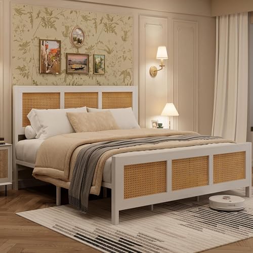 GarveeHome Rattan Full Size Bed Frame with Headboard, White | Boho Bed Frame with Strong Metal Slat, Noise Free, No Box Spring Needed - color: White/Natural, size: Full (No Drawers)