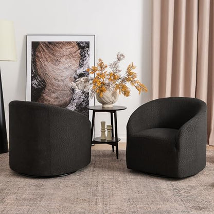 KINWELL 32" Wide Modern Boucle Swivel Barrel Chairs Set of 2, No Assembly Round Upholstered Swivel Accent Armchairs for Living Room, Bedroom (Black) - color: Black, style: Set of 2