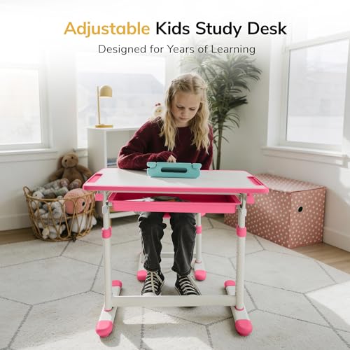 Mount-It! Kids Desk and Chair Set, Height Adjustable Sturdy, Girl Desk, Child Study Desk and Chair Set for Boys, Table for Art, Home School, Drafting, Ergonomic with Storage Drawer, Pink - color: Pink