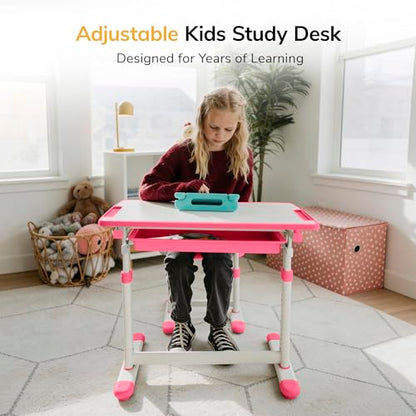 Mount-It! Kids Desk and Chair Set, Height Adjustable Sturdy, Girl Desk, Child Study Desk and Chair Set for Boys, Table for Art, Home School, Drafting, Ergonomic with Storage Drawer, Pink - color: Pink