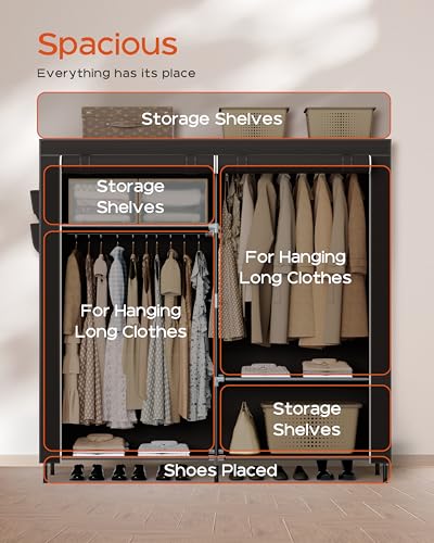 CASAMAYA Portable Closet, 61.8 Inch Large Capacity Wardrobe Closet with Cover, Clothes Storage Organizer with Shelves and 2 Hanging Rods, Easy to Assembly, Black PCT222B01 - size: 61.8"L x 17.7"W x 70.9"H