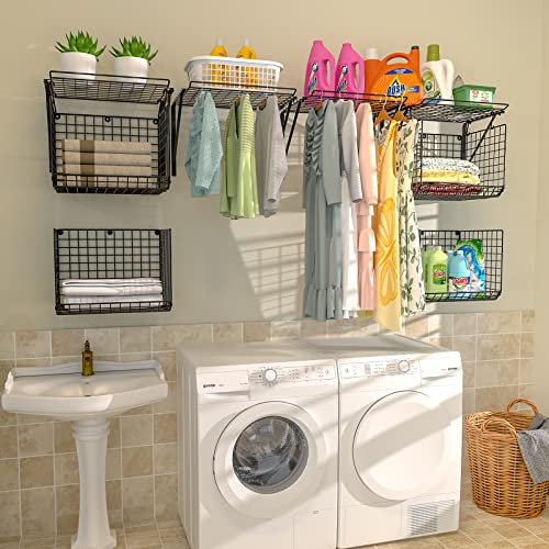 3IngSeagulls 2 Pack Laundry Room Shelves, Wire Baskets with 8 Hooks, Over Washer and Dryer Shelf, Wall Mounted Storage and Clothes Drying Rack, Black - color: Black