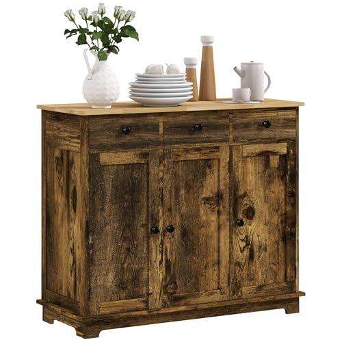 HOMCOM Sideboard Buffet Cabinet Solid Wood Countertop Rustic Brown | Modern Kitchen Storage, Coffee Bar Cabinet, 3 Drawers, Doors, Adjustable Shelf - color: Rustic Brown, size: 39.75" x 15.75" x 33.5"