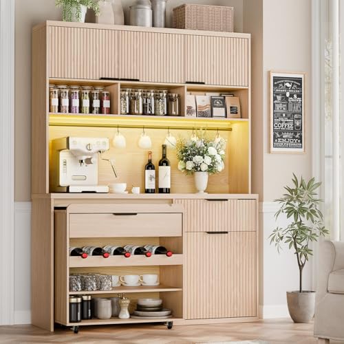 Gyfimoie 71" Large Pantry Cabinet with Wine Cart, Tall Kitchen Pantry Storage Cabinet with LED Light & Charging Station, Farmhouse Kitchen Hutch with Microwave Stand for Dining Room, Natural