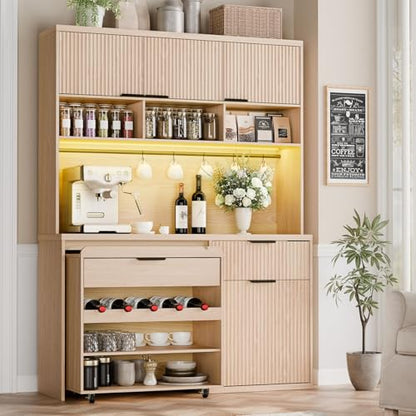 Gyfimoie 71" Large Pantry Cabinet with Wine Cart, Tall Kitchen Pantry Storage Cabinet with LED Light & Charging Station, Farmhouse Kitchen Hutch with Microwave Stand for Dining Room, Natural