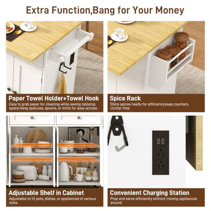 67" Large Movable Kitchen Island w/Sliding Drop Leaf,Power Outlet, Kitchen Rolling Island Cart w/ 2 Drawers, Island Table on Wheels w/ Trash Storage Cabinet,Spice Rack, Towel Bar,Garage Hook, White - color: White, size: 17.7"D x 66.9"W x 35.8"H