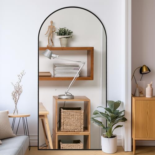 ZHUNFA Arched Full Length Mirror, 71x32 Big Oversized Mirrors with Stand | Aluminum large mirror full length, Floor Standing Mirrors for Bedroom, living room decor, Black - color: Black, size: 71"L x 32"W