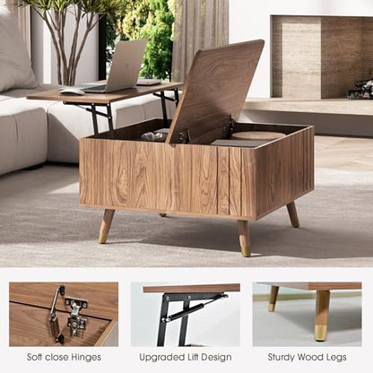 JOINICE Walnut Lift Top Coffee Table with Storage for Living Room,Square | 32" Multi-functional Pop Up Center Table,Large Hidden Compartments with Solid Wood Legs,Lift to 23",Hold 100lbs,Easy Assembly - color: Walnut_square