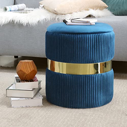 YYW HOME Blue Round Ottoman with Storage Set of 2 Vanity Stool Foot Rest with Removable Lid Blue Velvet Storage Ottoman Stool for Living Room and Dorm (Gold and Blue) - color: Gold and Blue