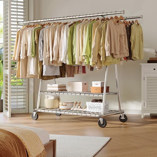 Raybee Heavy Duty Clothes Rack, 78" W Extra-Large Loads 630LBS, Expandable | Tool-Free Assembly, Double Rods & Shelves, Lockable Wheels, Commercial, Portable, For Closet, Laundry Room