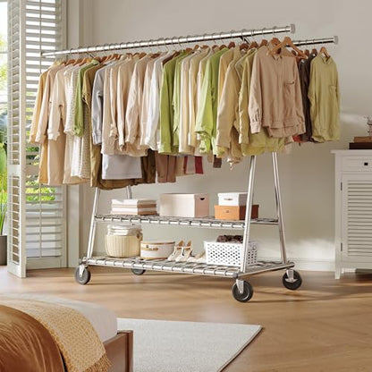 Raybee Heavy Duty Clothes Rack, 78" W Extra-Large Loads 630LBS, Expandable | Tool-Free Assembly, Double Rods & Shelves, Lockable Wheels, Commercial, Portable, For Closet, Laundry Room