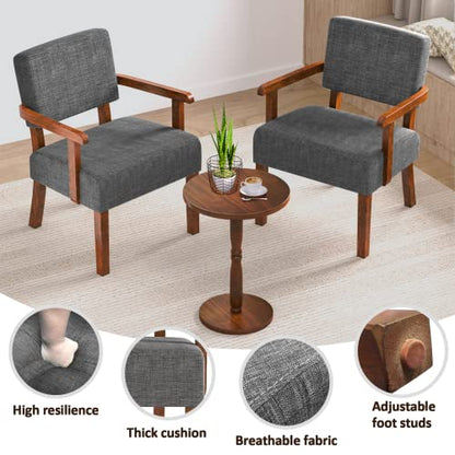 Accent Chairs Set of 2, 2 Solid Wood Armchairs with Side Table | Living Room Chairs with Soft Thicken Cushion, Comfy Reading Chair for Bedroom, Waiting Room, Home Office, Easy Assembly - color: Linen Gray, size: Set of 2 with table