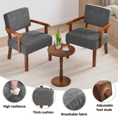 Accent Chairs Set of 2, 2 Solid Wood Armchairs with Side Table | Living Room Chairs with Soft Thicken Cushion, Comfy Reading Chair for Bedroom, Waiting Room, Home Office, Easy Assembly - color: Linen Gray, size: Set of 2 with table