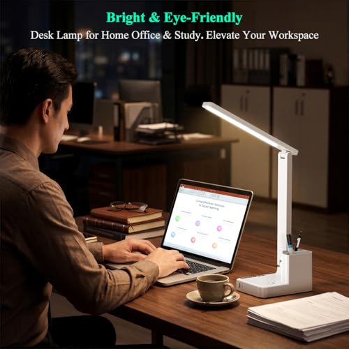 LED Desk Lamp USB A/C AC Pen Holder Dorm Home Office Desk Light White | Adjustable LED Desk Light with USB A/C, AC Outlet, Pen Holder; Small Desk Lamp for Dorm, Study, Craft & Home Office - color: White