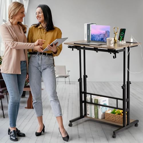 Hadulcet Rolling Stand Up Desk Adjustable Height - Portable Standing Desk with Wheels & Charging Station, Mobile Laptop Desk Small Standing Desk Drawing Table, Grey - color: Grey, size: 31.5" With Charging Station