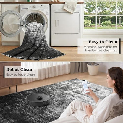 DCX Washable Abstract Area Rug 5x7, Non Slip Low Pile Rug, Black | Easy to clean, non-shedding, soft, kid & pet friendly, with a non-slip rubber backing for living rooms, bedrooms, and offices - color: Black, size: 5' x 7' (Rectangular)