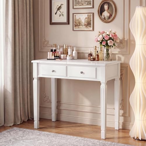 LEEMTORIG 31.5" Solid Wood Small Vanity Desk with Flip-top Mirror, Compact Wooden Writing Desk with Drawers, 3 in 1 Secretary Desk/Dressing Table/Nightstand for Small Space, White SZT-D0036-WT - color: White