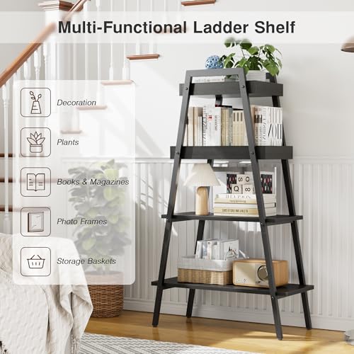 VECELO Ladder Shelf, 4 Tier Wooden Bookshelf with Metal Frame, Freestanding Bookcase Display Shelves and Plant Stand for Living Room/Farmhouse/Bedroom/Home Office-Black - color: Black