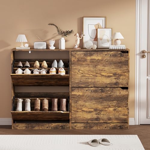 Brown Hidden Shoe Storage Cabinet for Entryway with 4 Flip Drawers | Slim & Narrow Design Saves Space, Adjustable Shelves Fit Various Shoes, Ventilation Reduces Odors, Anti-Tip Safety - color: Brown, size: Regular 4 Drawers
