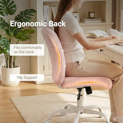 Vanity Chair with Wheels, Armless Office Chair Height Adjustable, Cute Desk Chair with Soft Lumbar Support for Small Space, Bedroom, Make-up Room, Pink - color: Pink
