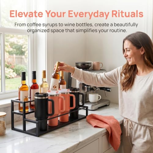 Expandable Coffee Syrup Organizer, 2-Tier Carbon Steel Stanley Cup Holder,Adjustable Water Bottle Organizer, Large Capacity Spice Racks & Wine Display Stand for Coffee Bar Kitchen Cabinet, Black