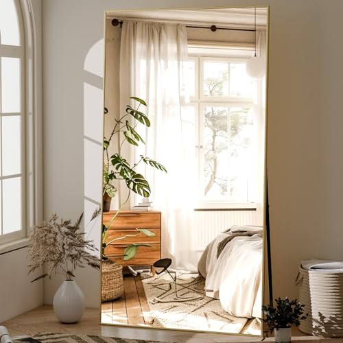 71"x31" Full Length Mirror Large Floor Mirror with Stand | Extra Hanging or Leaning Rectangle Floor Dressing Mirror Aluminum Alloy Thin Frame Full Body Mirror for Bedroom ,Gold - color: Gold, size: 71"L x 31"W