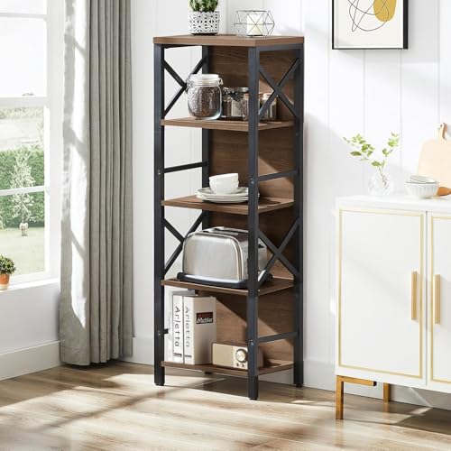 MNEETRUNG Small Bookshelf,5 Tier Industrial Bookshelf with Metal Frame and Backboard,Narrow Rustic Brown Book Shelf,Book case for Small Spaces,Living Room,Bedroom and Home Office - color: Brown, size: 5-Tier (14.9"W x 10.2"D x 48.8"H)